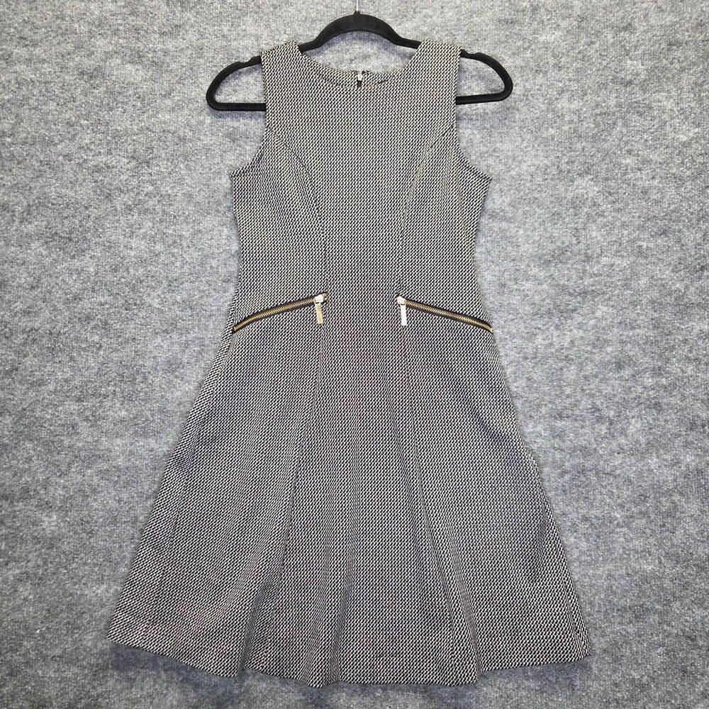 Ann Taylor Factory Dress Womens 0 Black Houndstooth Fit & Flare Knit Zip Pockets